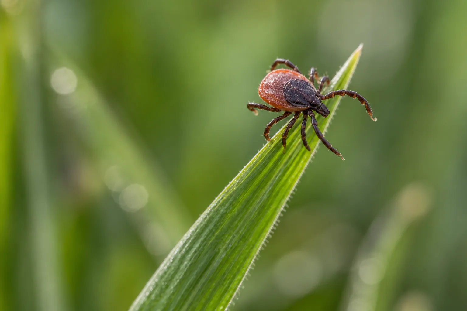 Tick perched on a blade of grass