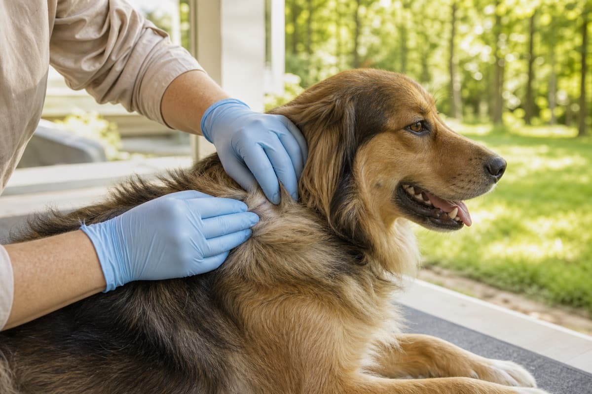 Gloved hands checking a dog for ticks outdoors