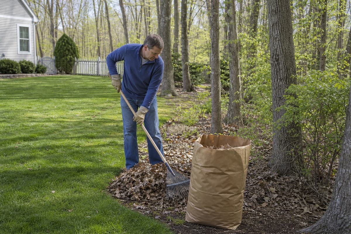 Homeowner removing leaf litter along a wooded yard edge
